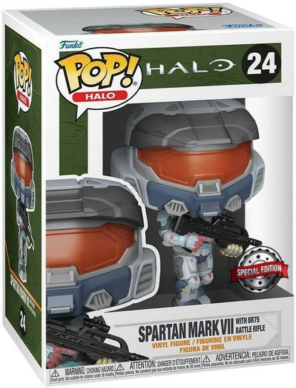Funko Pop! Halo Spartan Mark VII vinyl figure number 24 in its original window box packaging, featuring the figure with a battle rifle.