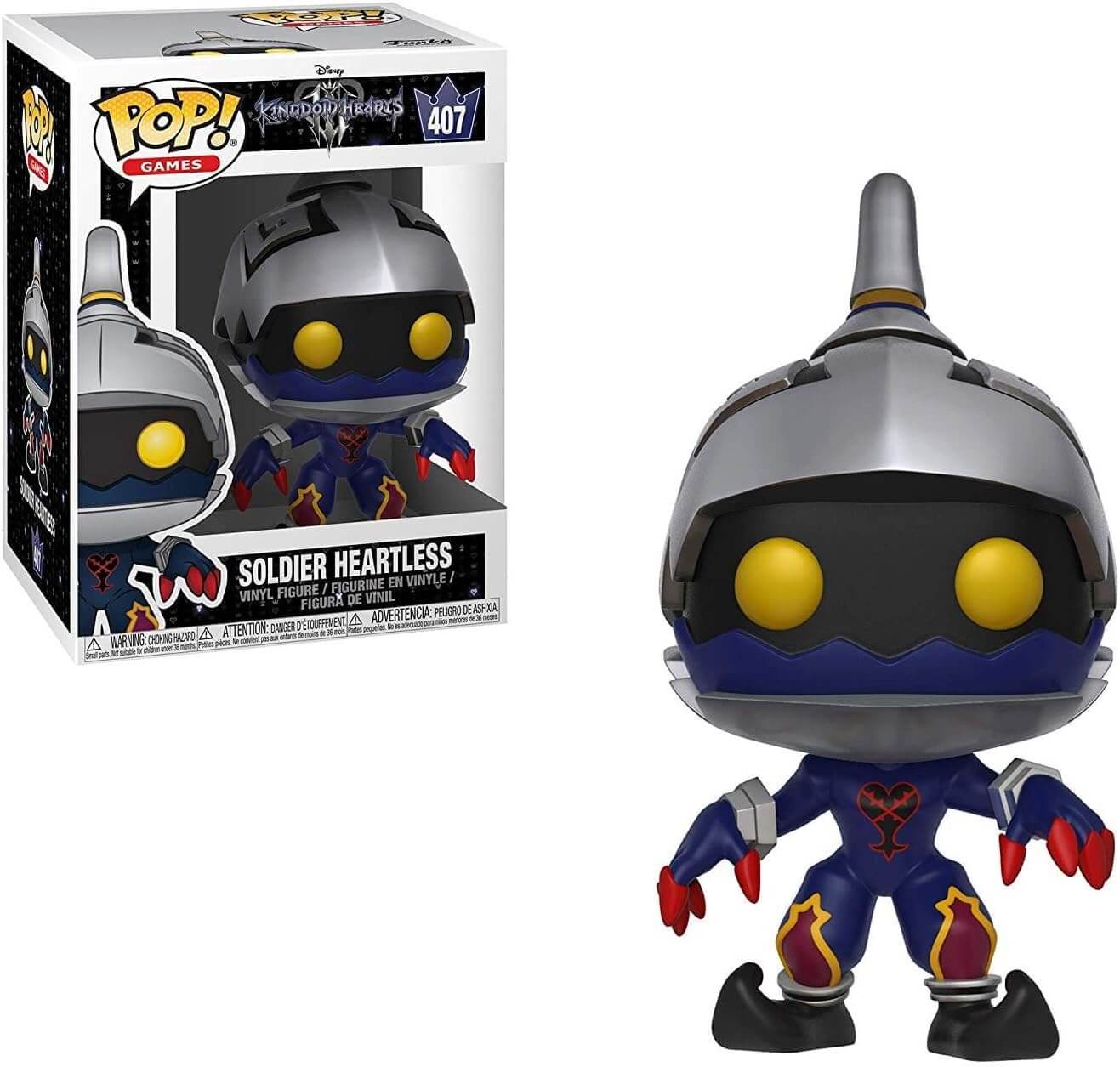 Funko Pop! Movies Kingdom Hearts Soldier Heartless vinyl figure shown next to its retail box. The figure features a metallic silver helmet with large yellow eyes, a dark blue and red suit, and red claws.