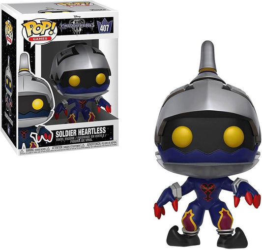 Funko Pop! Movies Kingdom Hearts Soldier Heartless vinyl figure shown next to its retail box. The figure features a metallic silver helmet with large yellow eyes, a dark blue and red suit, and red claws.