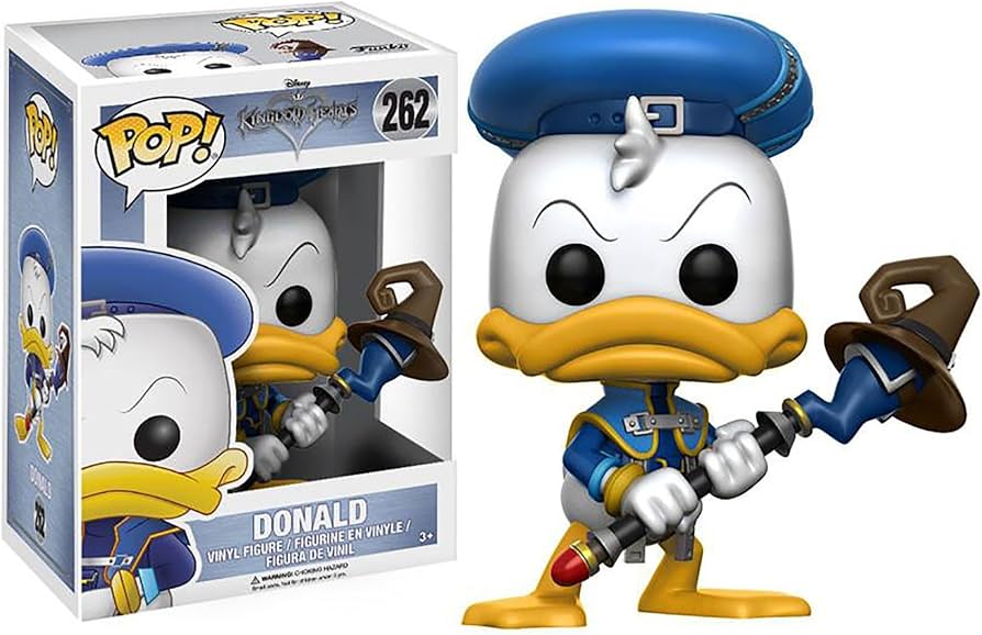 Funko Pop! vinyl figure of Donald Duck in a blue outfit with a box next to it on a white background
