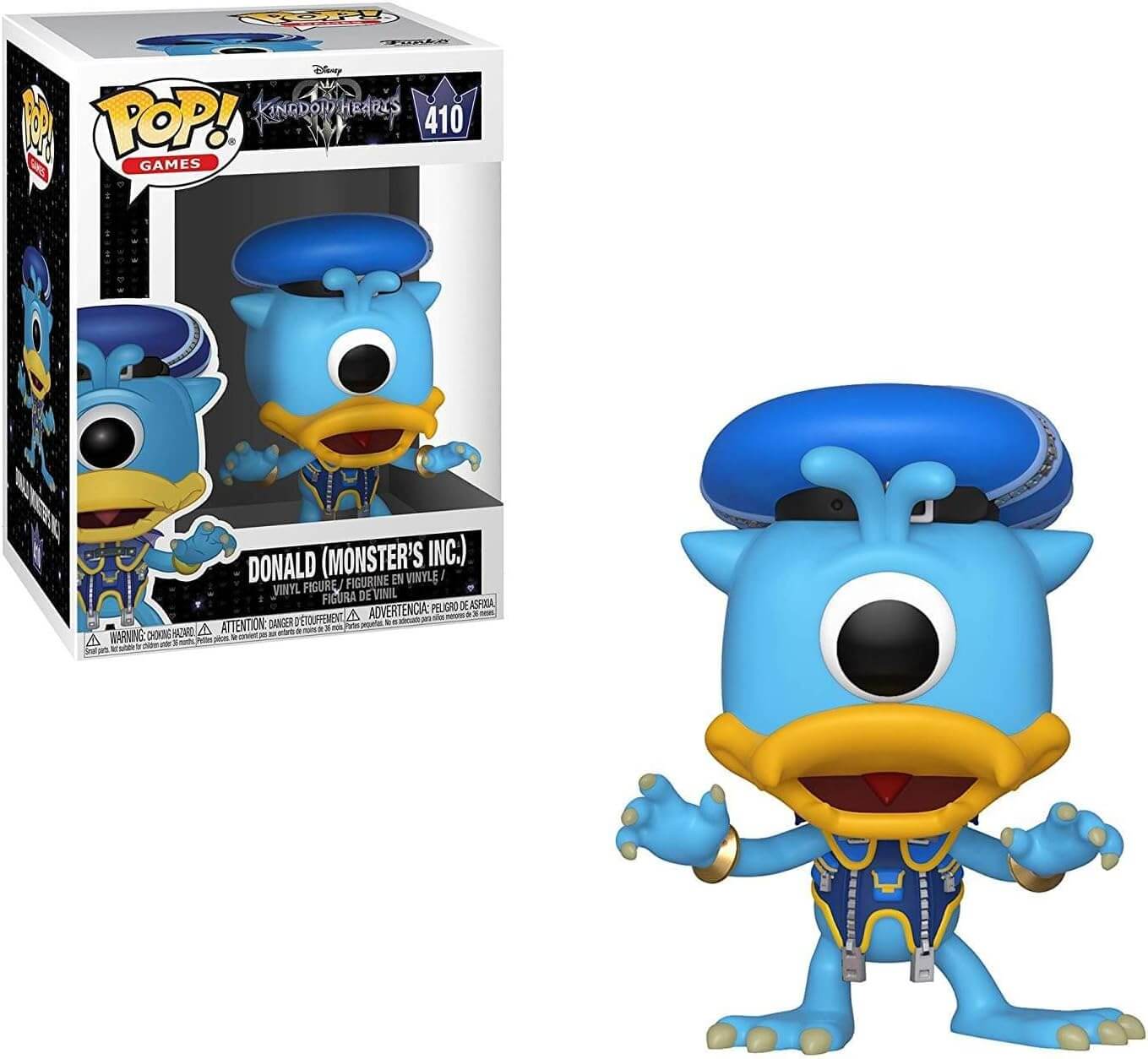 Funko Pop! Games Donald (Monster's Inc.) vinyl figure shown next to its original window box packaging on a plain white background.