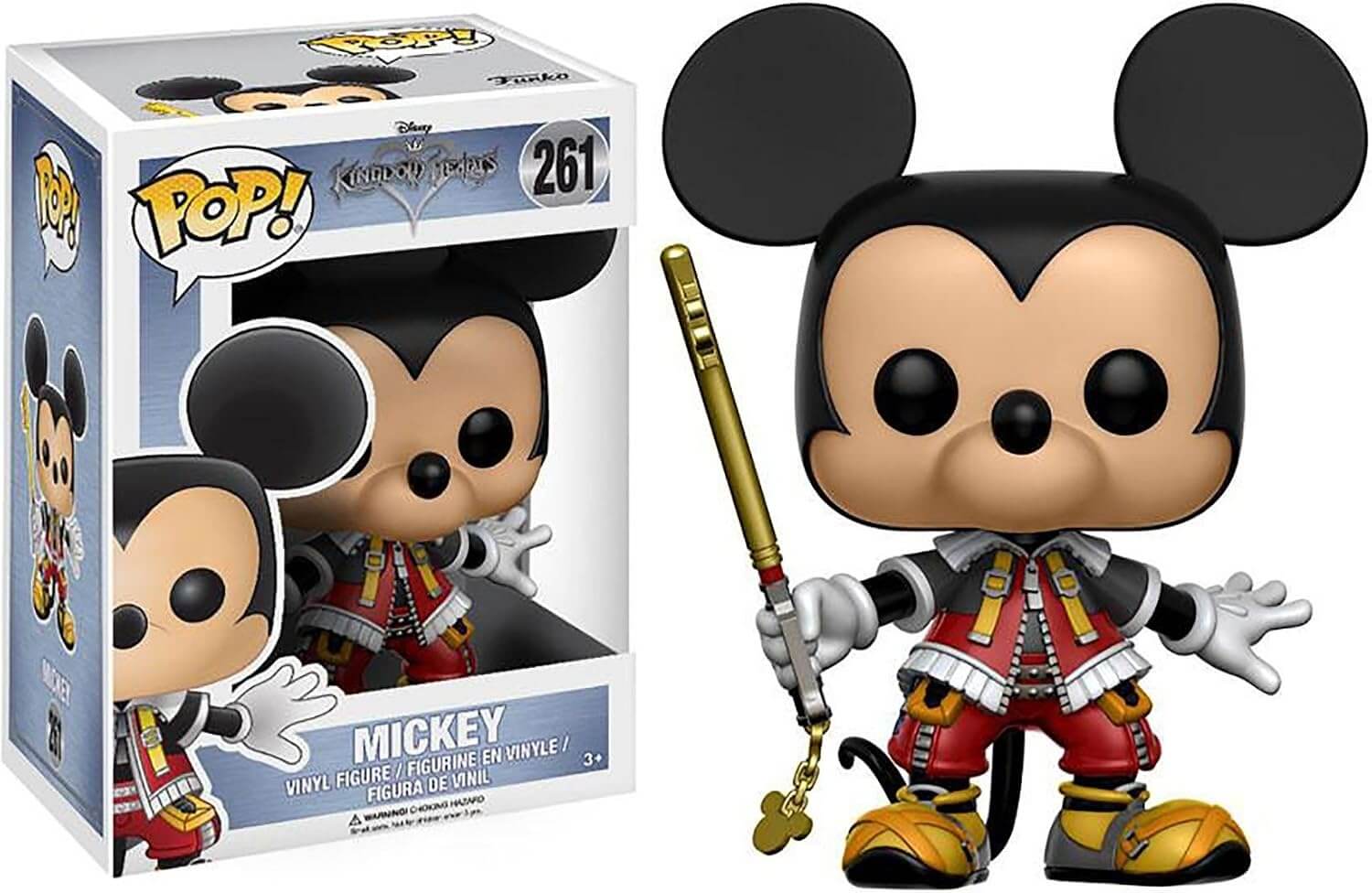 Disney Kingdoms Mickey Funko Pop vinyl figure number 261, shown next to its retail packaging box. The figure is dressed in a red and black royal outfit with gold accents and holds a gold key-shaped staff.