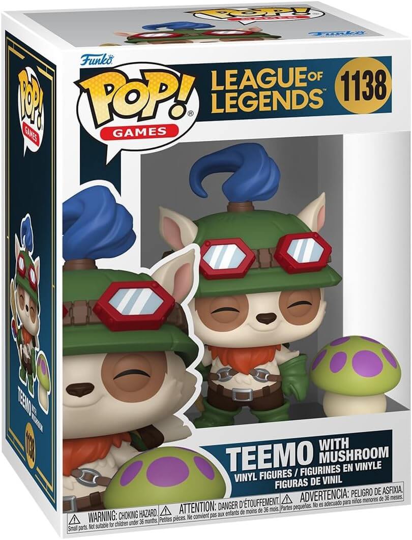 Funko Pop! Games League of Legends Teemo with Mushroom vinyl figure in its original window box packaging, featuring the character Teemo in green and orange armor with blue hair, alongside a green mushroom with purple spots.