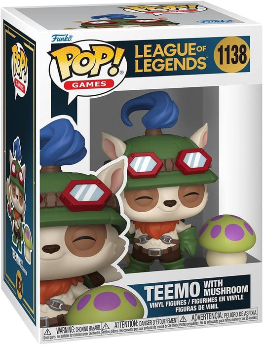 Funko Pop! Games League of Legends Teemo with Mushroom vinyl figure in its original window box packaging, featuring the character Teemo in green and orange armor with blue hair, alongside a green mushroom with purple spots.