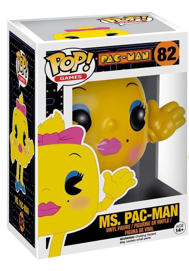 Funko Pop! vinyl figure of Ms. Pac-Man, number 82, shown in its original white and black packaging box.
