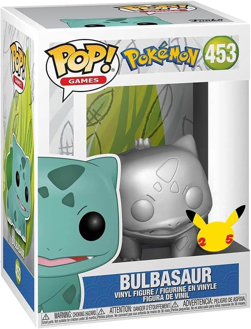 Pokémon Pop! Games Bulbasaur vinyl figure number 453 in its original window box packaging, featuring Bulbasaur's green bulb form alongside Pikachu and a silver cat-like figure.