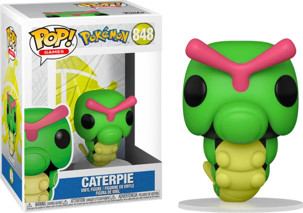 Funko Pop! Games vinyl figure of Caterpie from Pokémon, shown next to its original window box packaging. The figure is green with a pink Y-shaped headband and a yellow belly, and the box displays the number 848.
