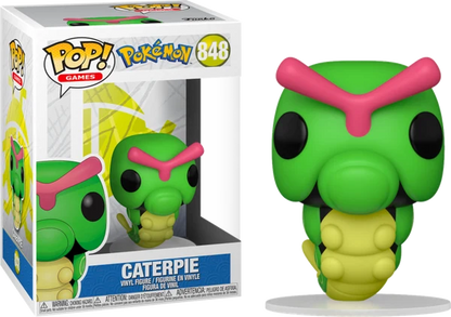 Funko Pop! Games vinyl figure of Caterpie from Pokémon, shown next to its original window box packaging. The figure is green with a pink Y-shaped headband and a yellow belly, and the box displays the number 848.