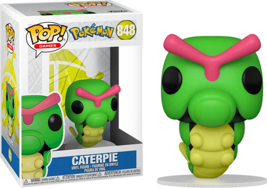 Funko Pop! Games vinyl figure of Caterpie from Pokémon, shown next to its original window box packaging. The figure is green with a pink Y-shaped headband and a yellow belly, and the box displays the number 848.