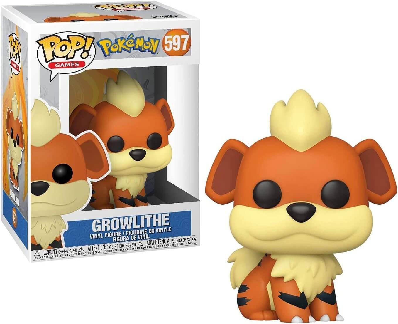 Funko Pop! Games vinyl figure of Growlithe, number 597, shown next to its original window box packaging on a white background.