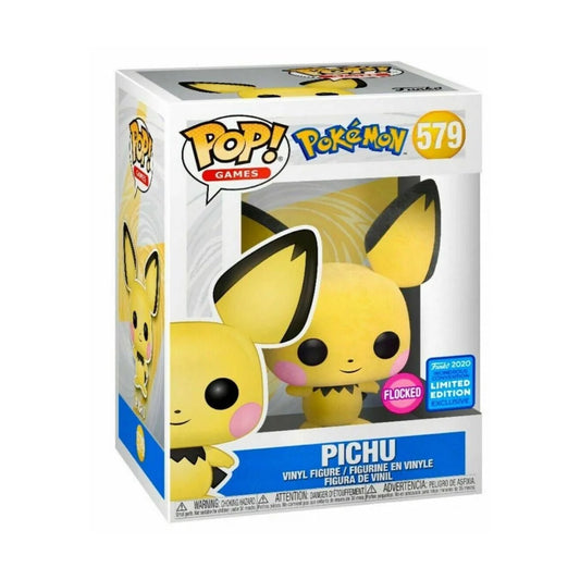 Funko Pop! Games Pokémon Pichu 579 Flocked Limited Edition vinyl figure in its original window box packaging, featuring a bright yellow figure with black and pink details.