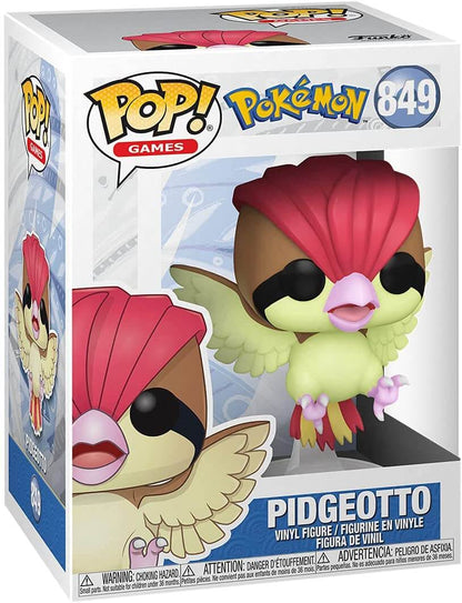 Funko Pop! Games Pokémon Pidgeotto vinyl figure number 849 in its original retail box. The box features a white background with blue and yellow branding, and an illustration of the Pidgeotto character with its signature pink and yellow color scheme.