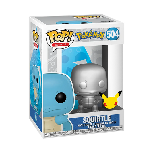 A boxed Funko Pop! vinyl figure of Squirtle from Pokémon, shown in its retail packaging on a plain white background. The box features blue and gray artwork, the number 504, and a small Pikachu illustration next to the figure window.