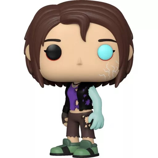 A stylized vinyl figure of a zombie-like character with brown hair, one black eye and one glowing blue eye, wearing a torn purple and black top, brown shorts, and green shoes, shown on a plain white background.