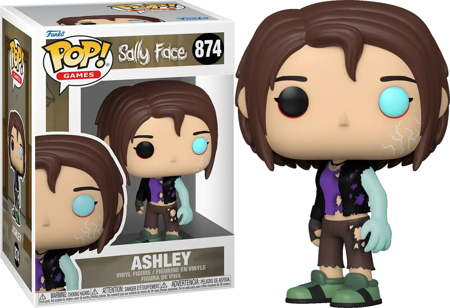 Funko Pop! Games vinyl figure of Ashley from sally face, shown next to its original packaging box. The figure features brown hair, one black eye with a blue iris, a purple top, and green shoes.