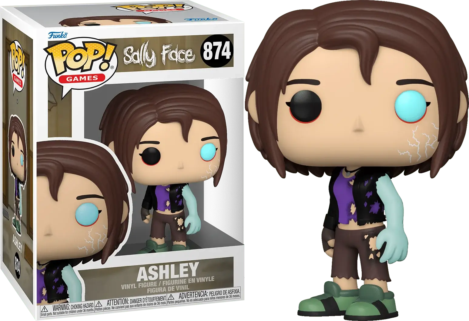 Funko Pop! Games vinyl figure of Ashley from sally face, shown next to its original packaging box. The figure features brown hair, one black eye with a blue iris, a purple top, and green shoes.