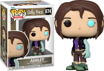 Funko Pop! Games vinyl figure of Ashley from sally face, shown next to its original packaging box. The figure features brown hair, one black eye with a blue iris, a purple top, and green shoes.