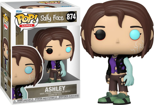 Funko Pop! Games vinyl figure of Ashley from sally face, shown next to its original packaging box. The figure features brown hair, one black eye with a blue iris, a purple top, and green shoes.