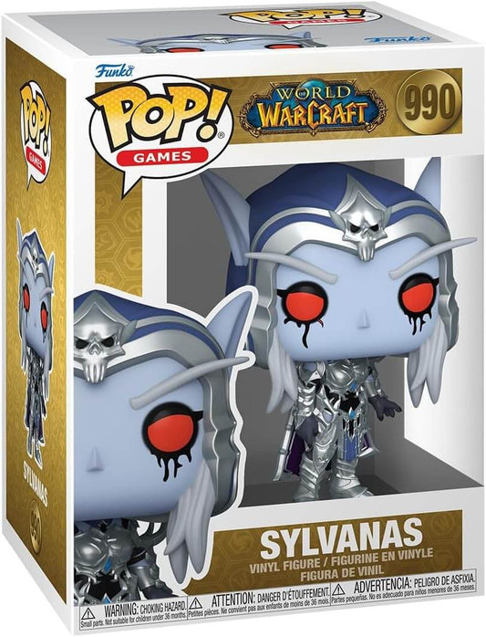 Funko Pop! Games World of Warcraft Sylvanas vinyl figure number 990 in its original window box packaging, featuring a pale blue-grey character with red eyes and silver armor.
