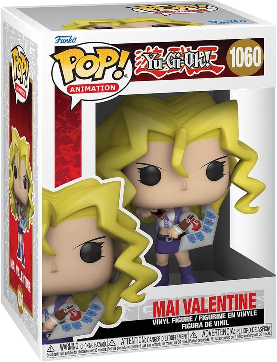 Funko Pop! Animation vinyl figure of Mai Valentine, number 1060, in its original retail box. The figure has signature yellow hair and is depicted with her signature blue and white cardigan and purple skirt.