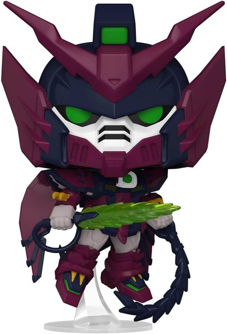 Toy figure of a robot with purple and green colors on a white background