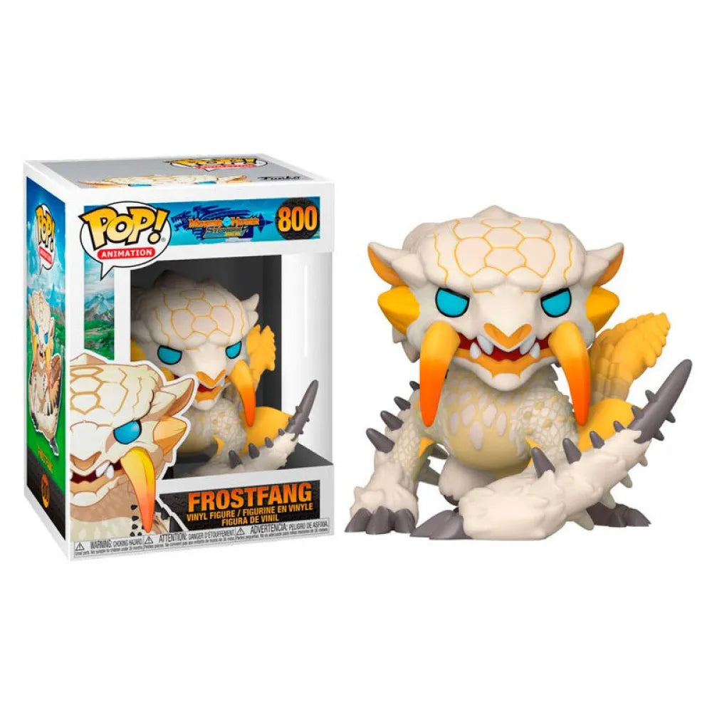 Funko Pop! Animations Frosthfang vinyl figure shown next to its retail box on a plain white background. The figure is cream-white with orange and yellow accents, blue eyes, and gray claws and horns.