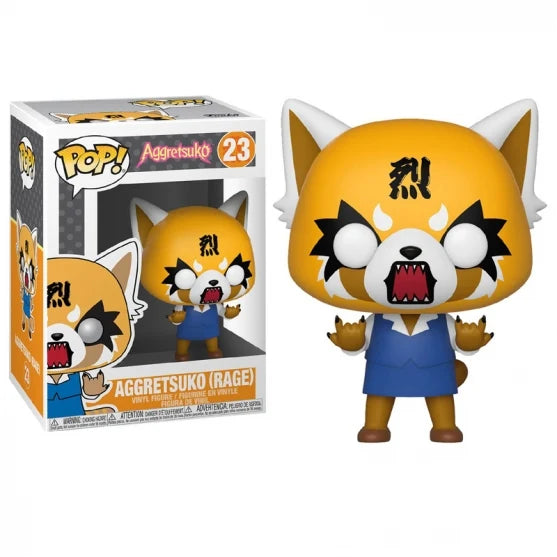 Funko Pop! vinyl figure of Aggretsuko (Rage) number 23, shown next to its original window box packaging on a solid white background.