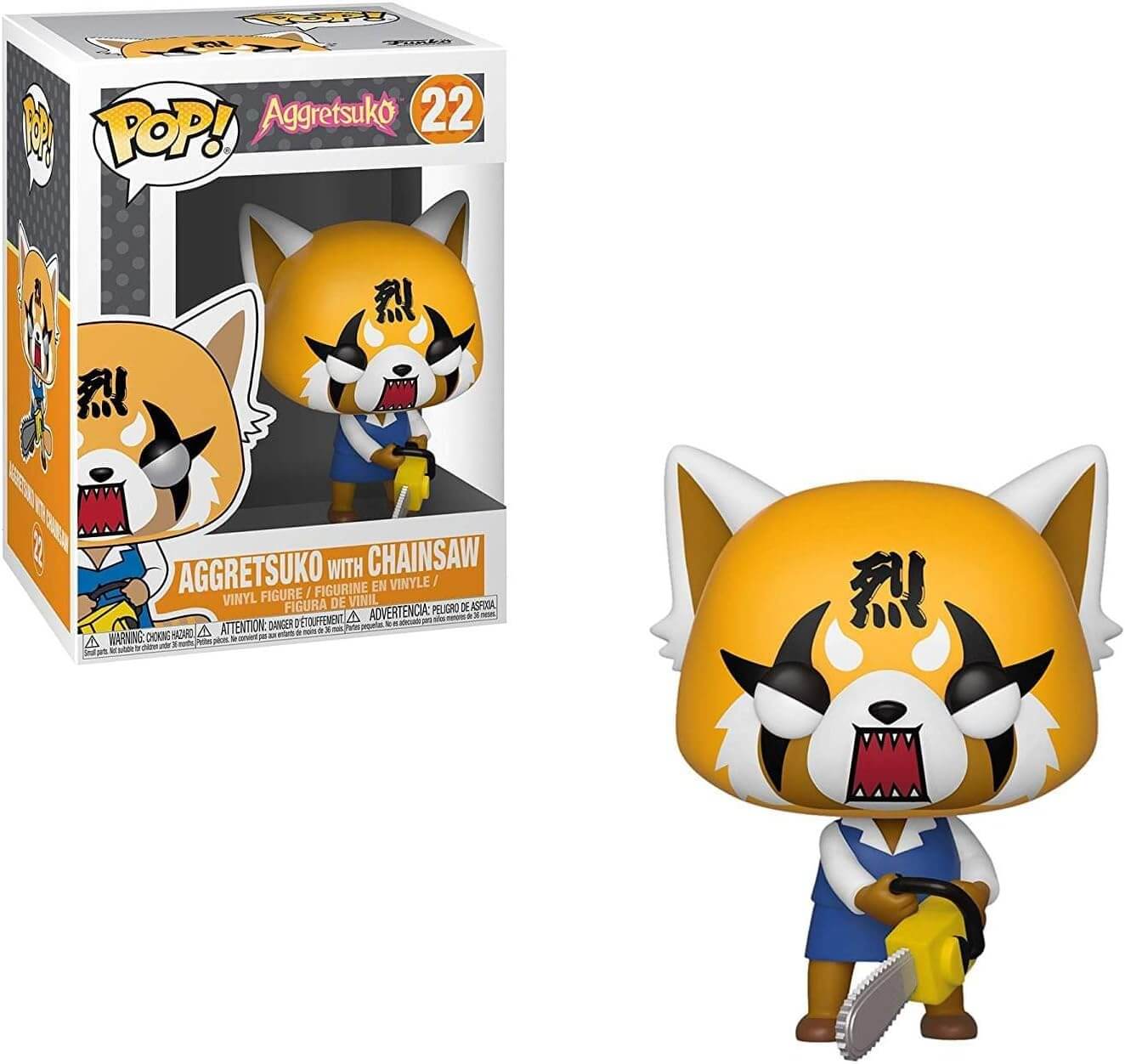 Funko Pop! vinyl figure of Aggretsuko with Chainsaw, shown next to its original window box packaging on a plain white background.