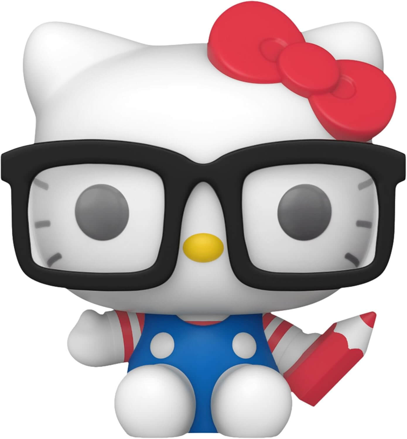 Hello Kitty figurine with glasses and a red bow on a white background