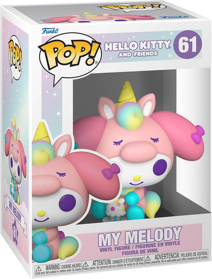 Funko Pop! Hello Kitty and Friends My Melody vinyl figure number 61 in its original retail box. The pink unicorn figure has pastel rainbow accents on its horn and ears, purple eyes, and is shown alongside a smaller figure of itself in the window display.