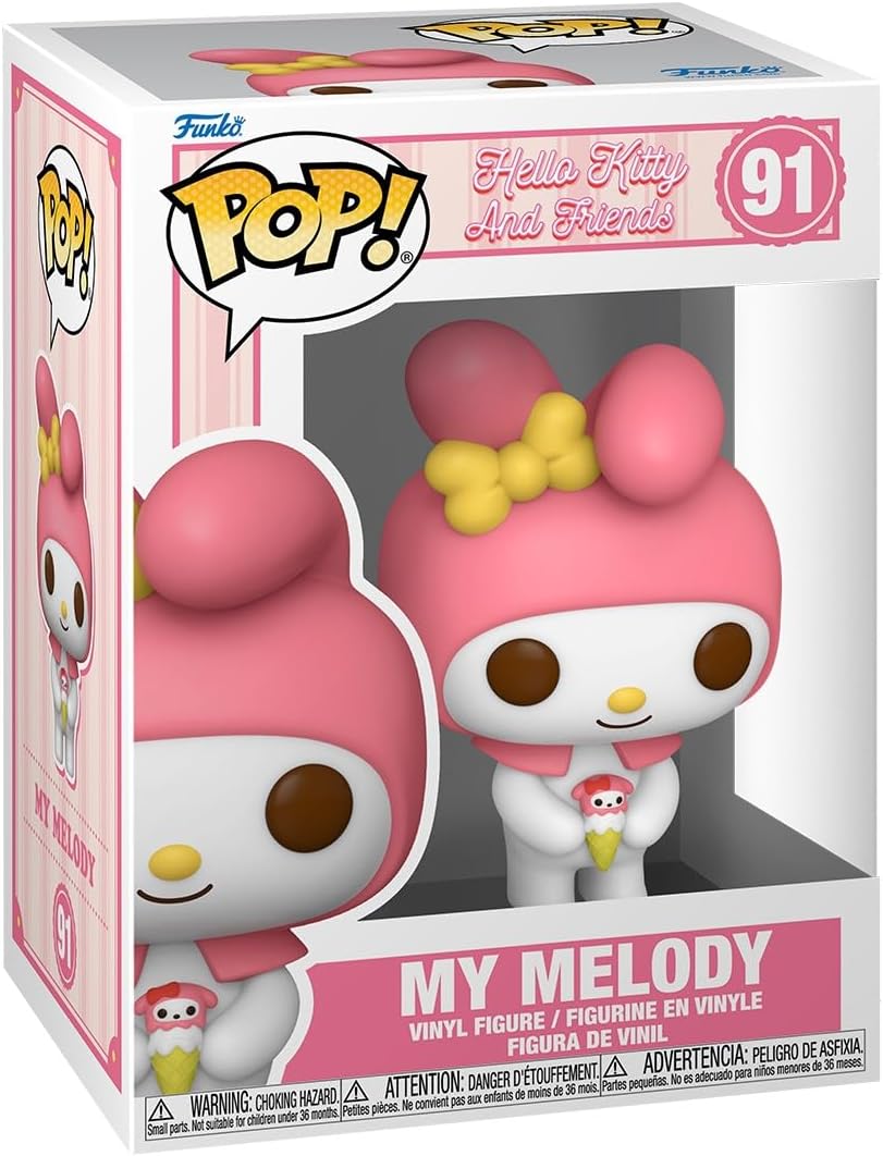 Funko Pop! vinyl figure packaging of My Melody with pink hair and yellow bow, on a white background.