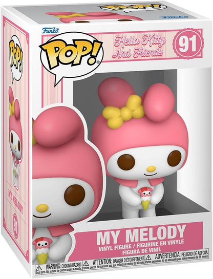 Funko Pop! vinyl figure packaging of My Melody with pink hair and yellow bow, on a white background.