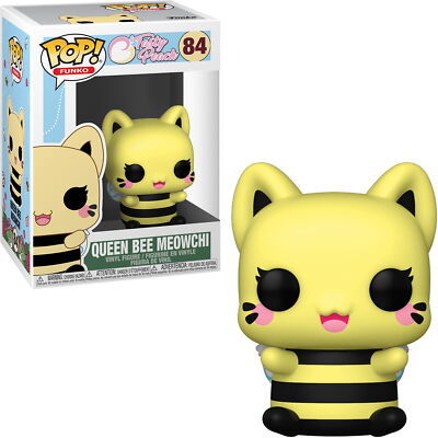 Funko Pop! Animation vinyl figure of Queen Bee Meowchi, number 84 in the Toy Story collection. The figure is a yellow cat styled as a bee with black and yellow stripes, shown next to its original window box packaging on a white background.