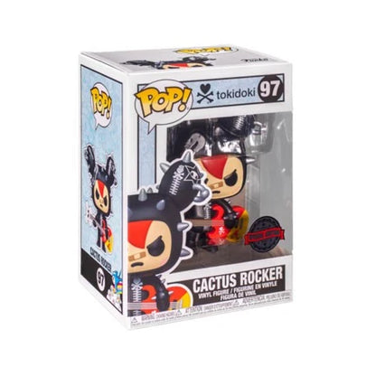 Funko Pop! tokidoki Cactus Rocker vinyl figure number 97 in its original packaging, featuring a black and red character with a skull motif.