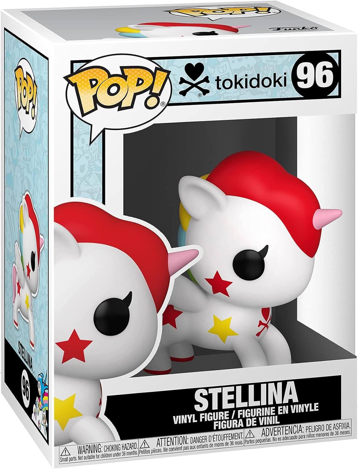 Funko Pop! vinyl figure of Tokidoki Stellina, number 96, in its original retail packaging. The figure is white with a red hat, yellow stars, and a pink horn.