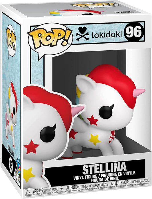 Funko Pop! vinyl figure of Tokidoki Stellina, number 96, in its original retail packaging. The figure is white with a red hat, yellow stars, and a pink horn.