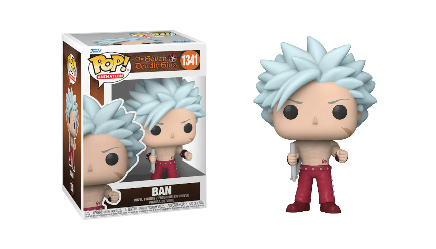 Funko Pop! vinyl figure of a character with light blue hair and red pants next to its packaging. ban seven deadly sins