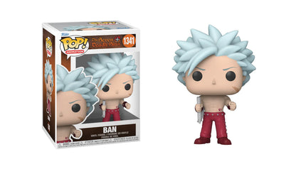 Funko Pop! vinyl figure of a character with light blue hair and red pants next to its packaging. ban seven deadly sins
