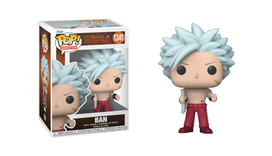 Funko Pop! vinyl figure of a character with light blue hair and red pants next to its packaging. ban seven deadly sins