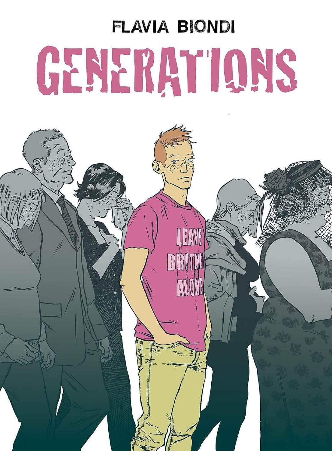 Cover of the graphic novel 'Generations' featuring a young man in a pink shirt with text overlay that says 'GENERATIONS' and the names of the characters.