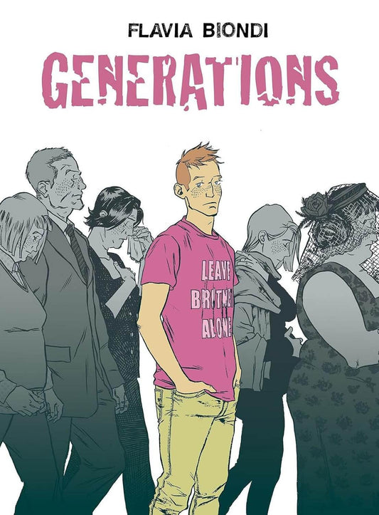 Cover of the graphic novel 'Generations' featuring a young man in a pink shirt with text overlay that says 'GENERATIONS' and the names of the characters.