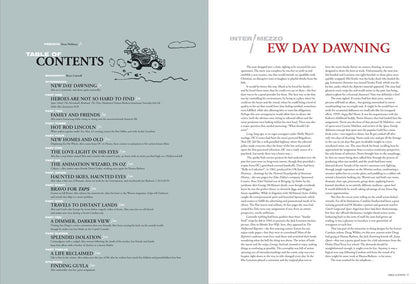 An open book or magazine spread showing the table of contents on the left page and the beginning of an article titled 'EW DAY DAWNING' on the right page. The left page is light gray with black text and a small cartoon vehicle illustration near the top.