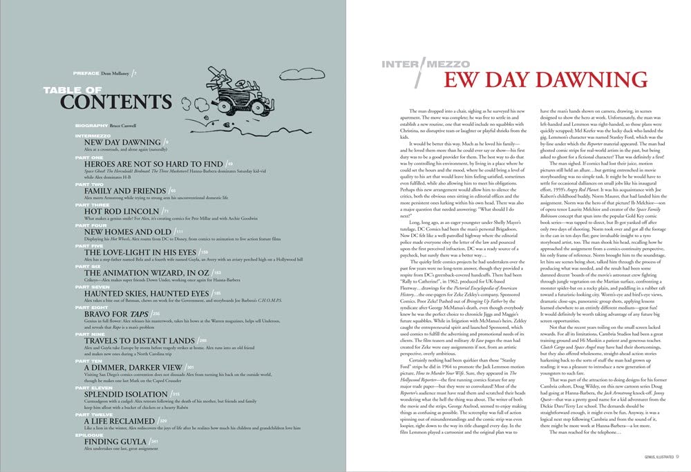 An open book or magazine spread showing the table of contents on the left page and the beginning of an article titled 'EW DAY DAWNING' on the right page. The left page is light gray with black text and a small cartoon vehicle illustration near the top.