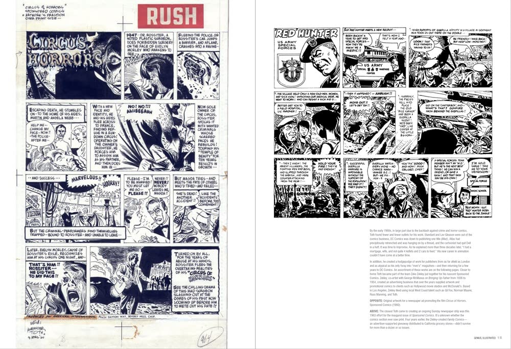 A two-page spread showing black-and-white comic book panels with text boxes, likely from a printed comic book or art print, with a red title block reading "RUSH" at the top of the left page.