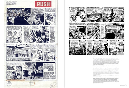 A two-page spread showing black-and-white comic book panels with text boxes, likely from a printed comic book or art print, with a red title block reading "RUSH" at the top of the left page.