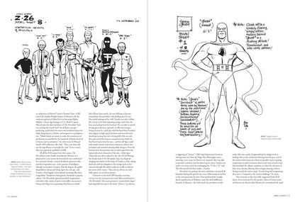 A two-page spread from a comic book or art book showing black-and-white line drawings and handwritten notes. The left page contains character sketches and text blocks, and the right page features a full-body outline drawing of a superhero with annotations around it.