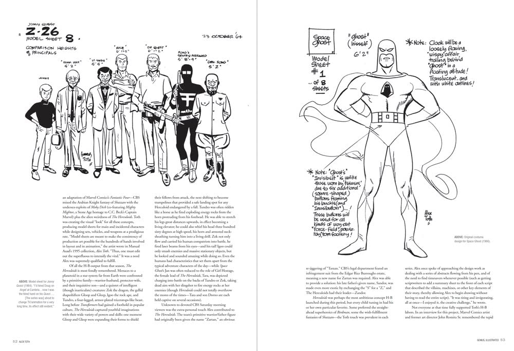 A two-page spread from a comic book or art book showing black-and-white line drawings and handwritten notes. The left page contains character sketches and text blocks, and the right page features a full-body outline drawing of a superhero with annotations around it.