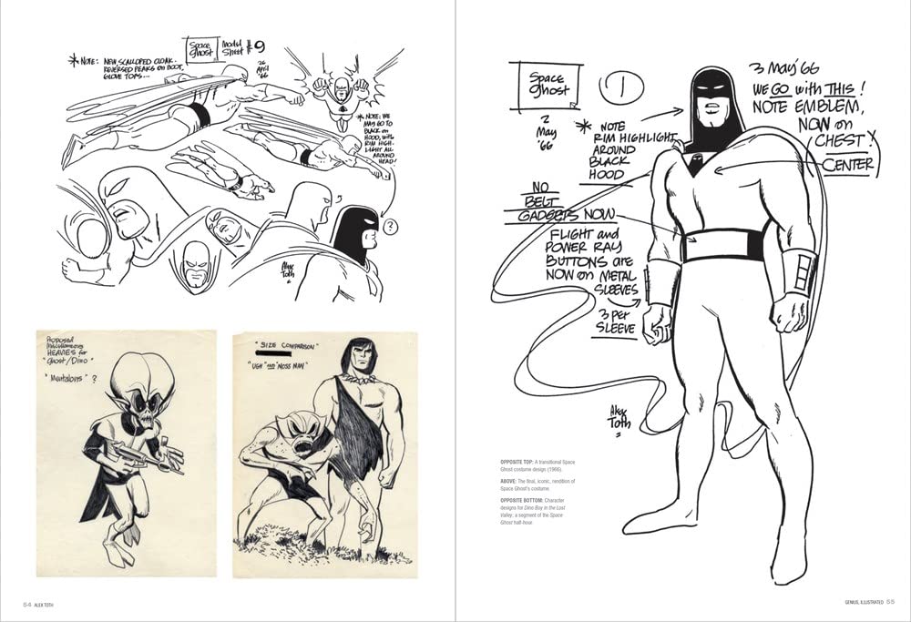 A two-page spread of comic book concept art or production sketches, showing black-and-white line drawings and notes on a cream background. The right page features a full-body outline of a masked superhero character with handwritten annotations, and the left page includes smaller character sketches and action-style drawings.