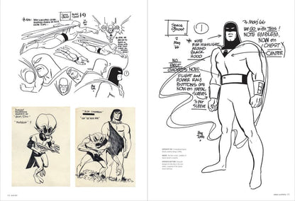 A two-page spread of comic book concept art or production sketches, showing black-and-white line drawings and notes on a cream background. The right page features a full-body outline of a masked superhero character with handwritten annotations, and the left page includes smaller character sketches and action-style drawings.