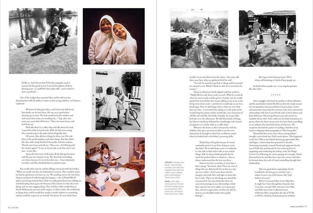 A two-page spread from a printed book or magazine featuring multiple black-and-white and color photographs arranged with columns of text. The pages depict people in outdoor and indoor scenes, with dense paragraphs of copy below each photo.